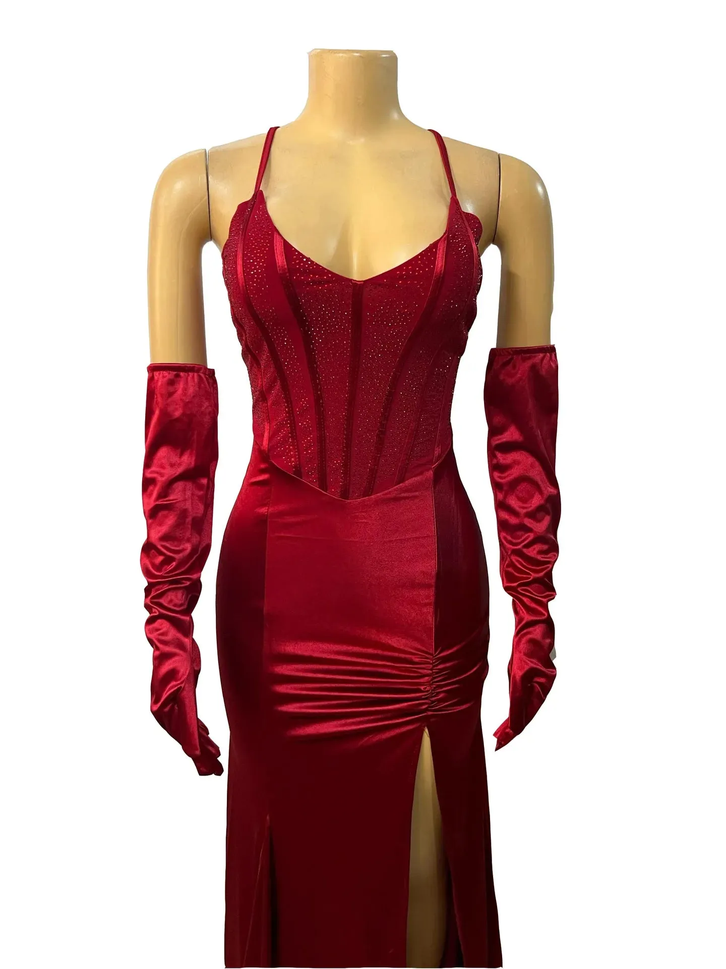 Brianna's V-neck Lace Up Halter Backless Bodycon Diamonds Corset Floor-length Evening Dresses with Gloves