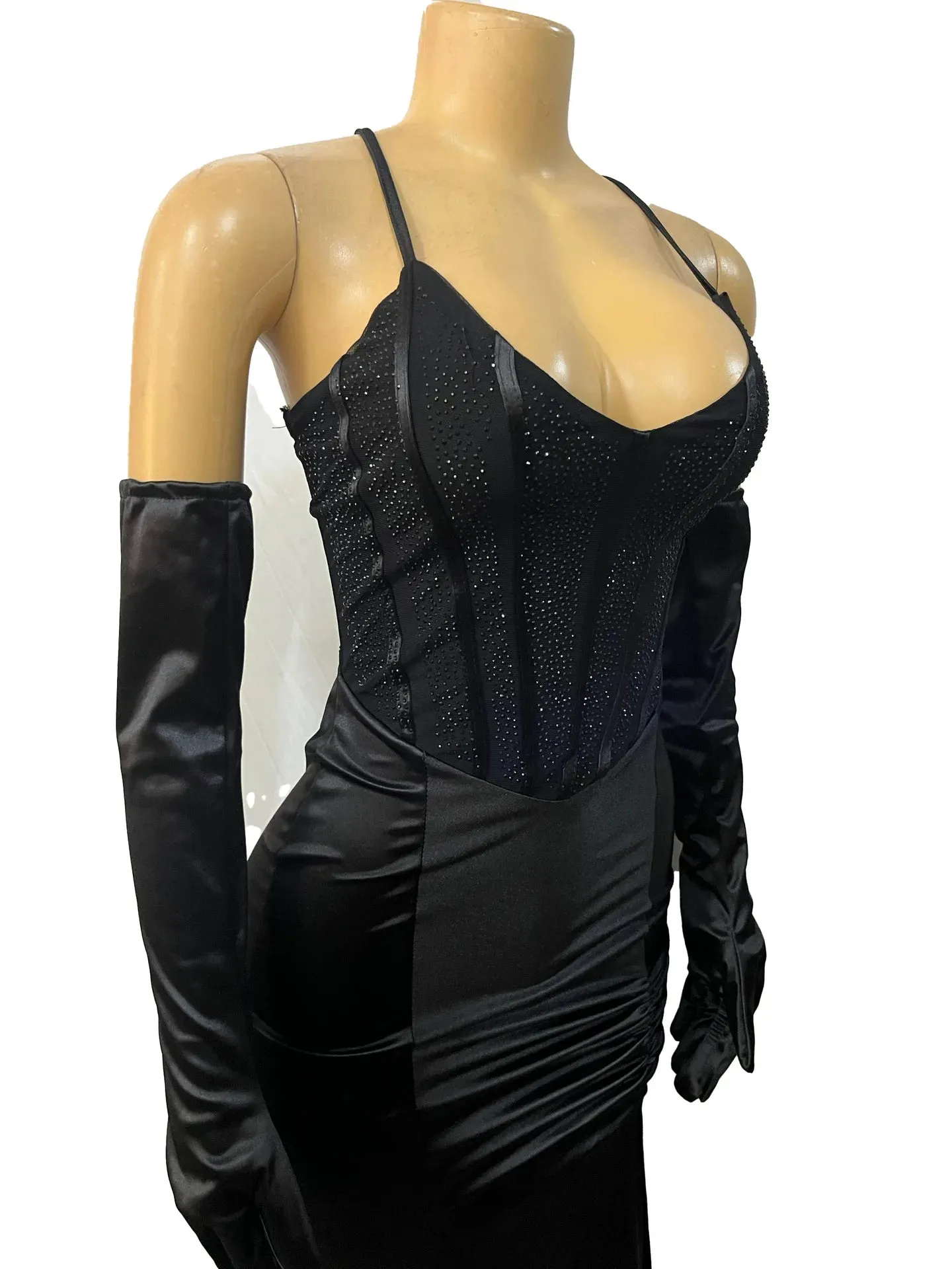 Brianna's V-neck Lace Up Halter Backless Bodycon Diamonds Corset Floor-length Evening Dresses with Gloves