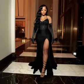 Brianna's V-neck Lace Up Halter Backless Bodycon Diamonds Corset Floor-length Evening Dresses with Gloves