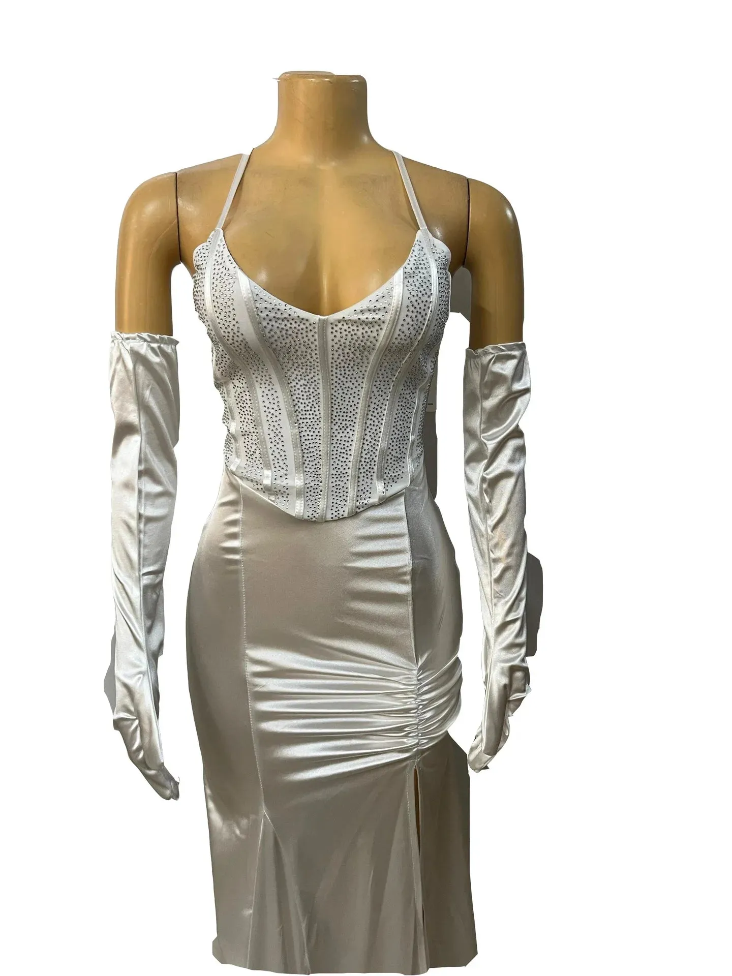 Brianna's V-neck Lace Up Halter Backless Bodycon Diamonds Corset Floor-length Evening Dresses with Gloves