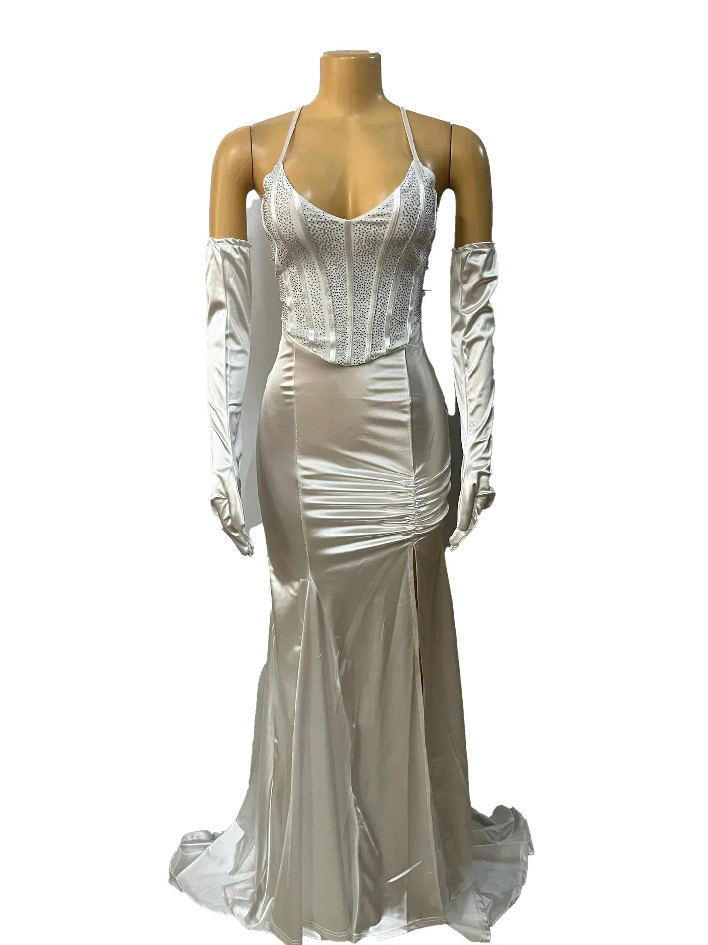 Brianna's V-neck Lace Up Halter Backless Bodycon Diamonds Corset Floor-length Evening Dresses with Gloves