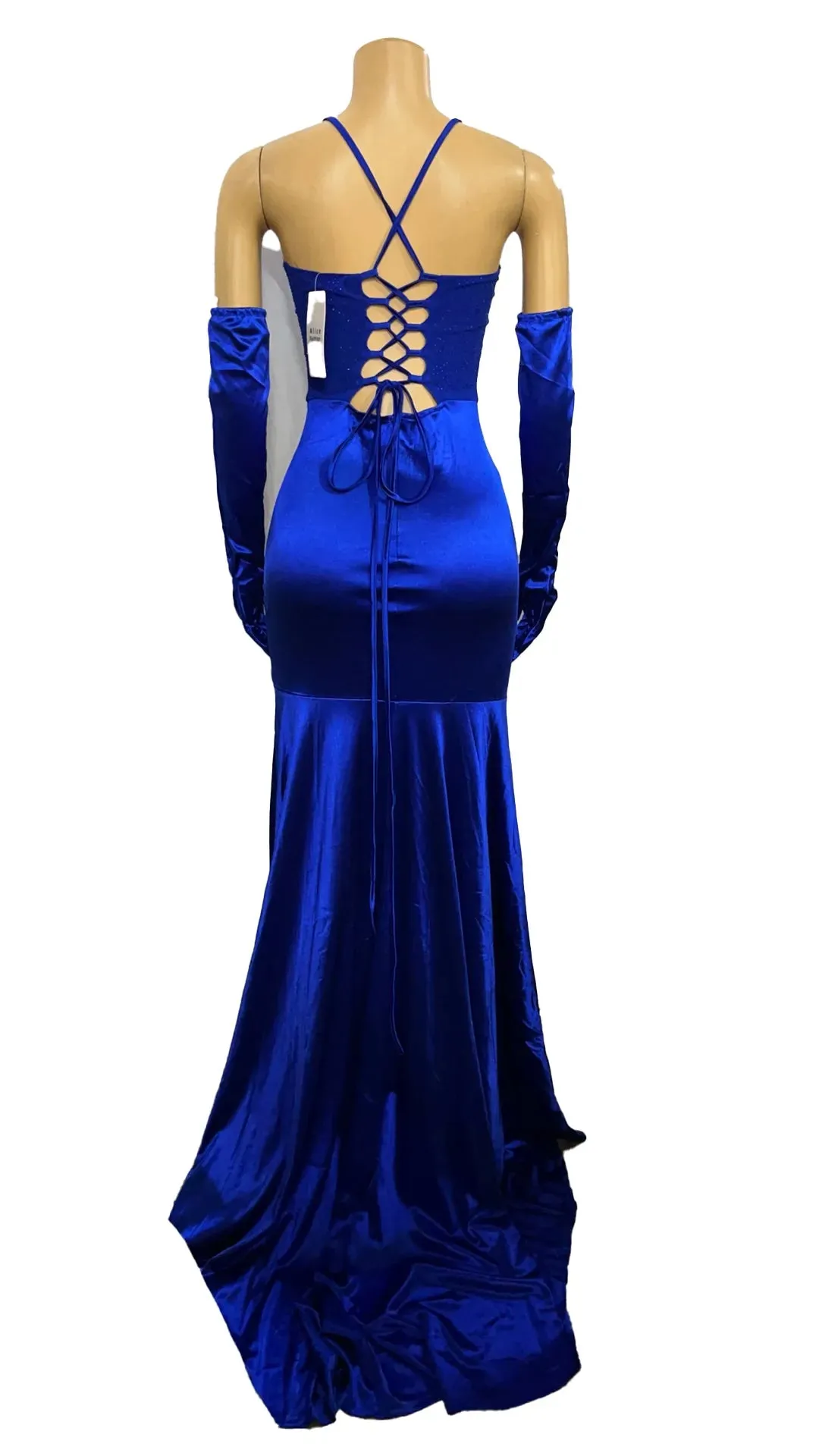 Brianna's V-neck Lace Up Halter Backless Bodycon Diamonds Corset Floor-length Evening Dresses with Gloves