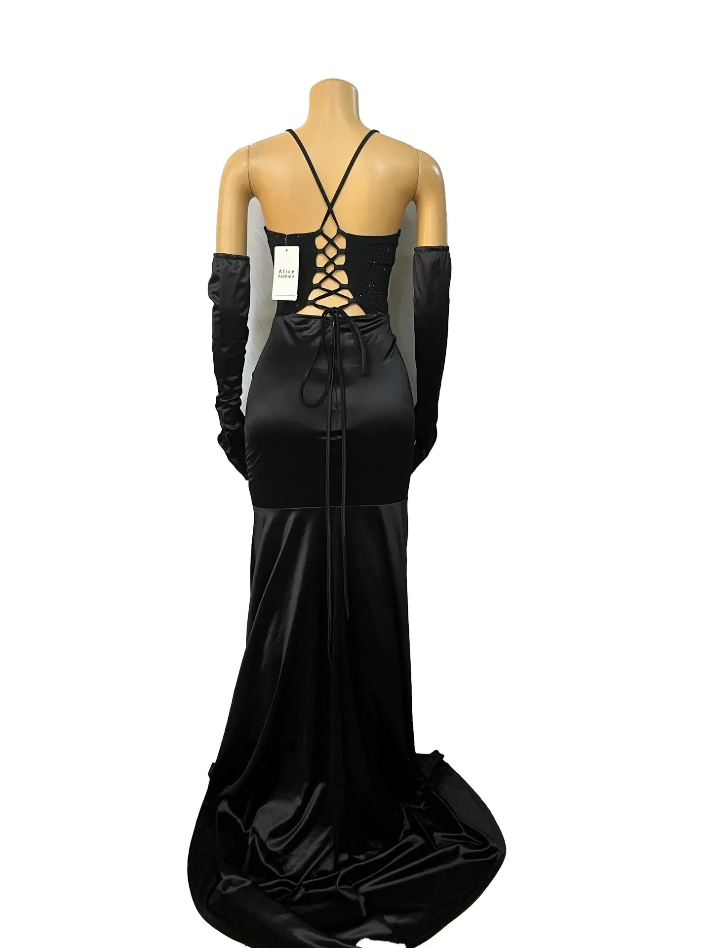 Brianna's V-neck Lace Up Halter Backless Bodycon Diamonds Corset Floor-length Evening Dresses with Gloves