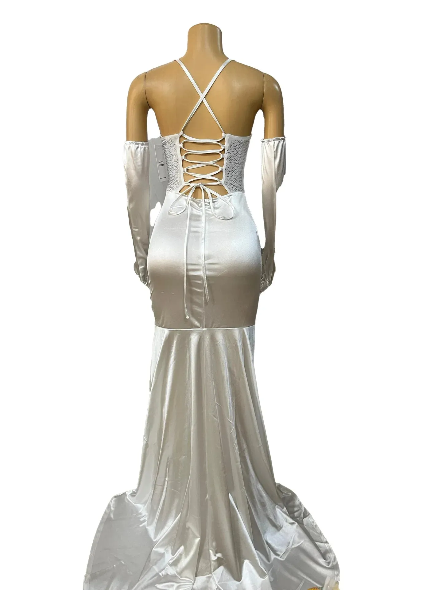 Brianna's V-neck Lace Up Halter Backless Bodycon Diamonds Corset Floor-length Evening Dresses with Gloves