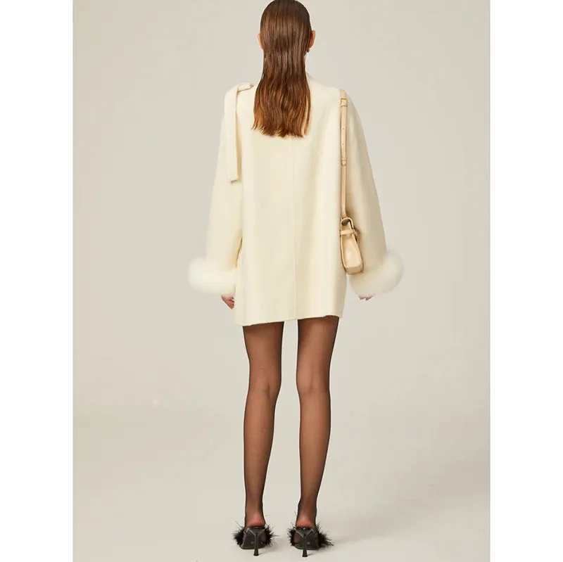 Colette White Wool Fur Bowknot Coat