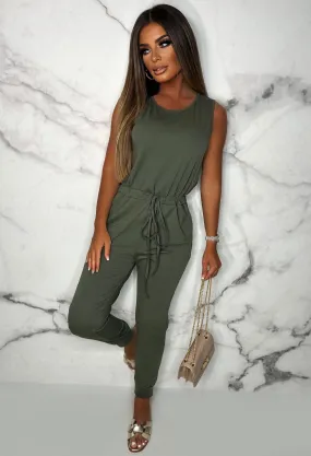 Content Cutie Khaki Cut Out Stretch Jumpsuit