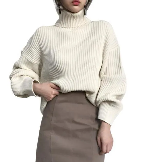 Cozy Solid Color Turtleneck Knit Pullover Sweater