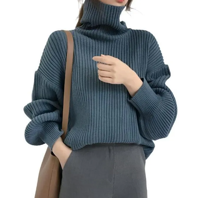Cozy Solid Color Turtleneck Knit Pullover Sweater
