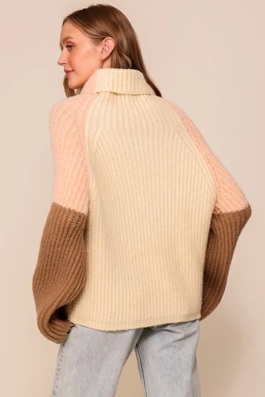 Cream/Peach/Brown Color Block Sweater With Turtleneck