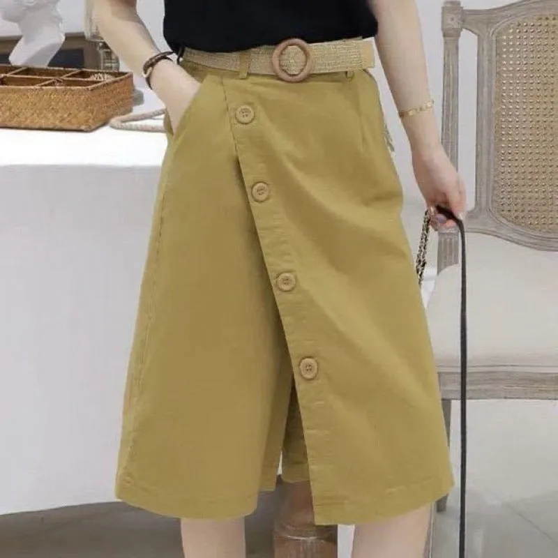 Culottes Summer Loose Bermuda Shorts Women Niche Mid-Length Three Quarter False Two-Piece Skorts Korean Casual Straight Jeans Bermuda Shorts