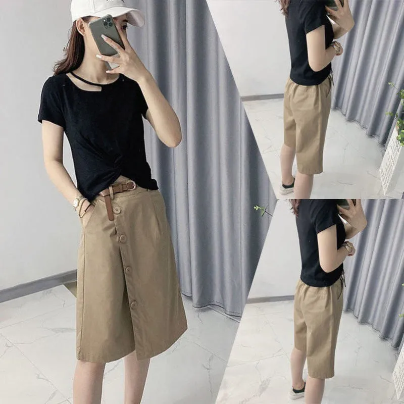 Culottes Summer Loose Bermuda Shorts Women Niche Mid-Length Three Quarter False Two-Piece Skorts Korean Casual Straight Jeans Bermuda Shorts