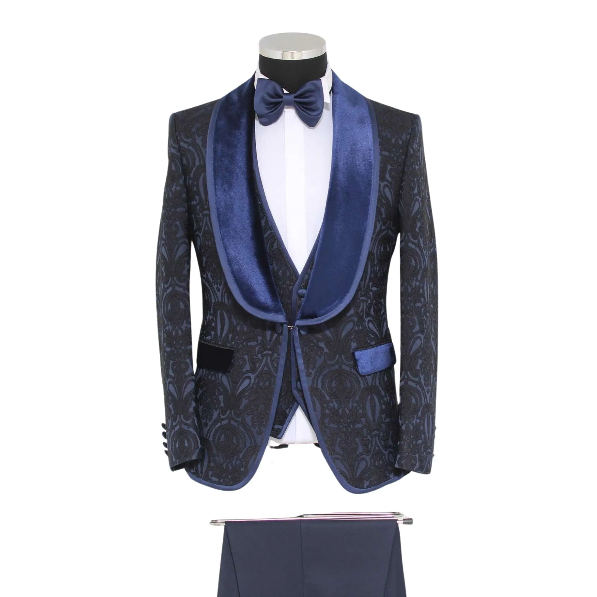 Elegant Navy and Midnight Blue Paisley Tuxedo - A Perfect Ensemble for 2024 Prom and Wedding Seasons