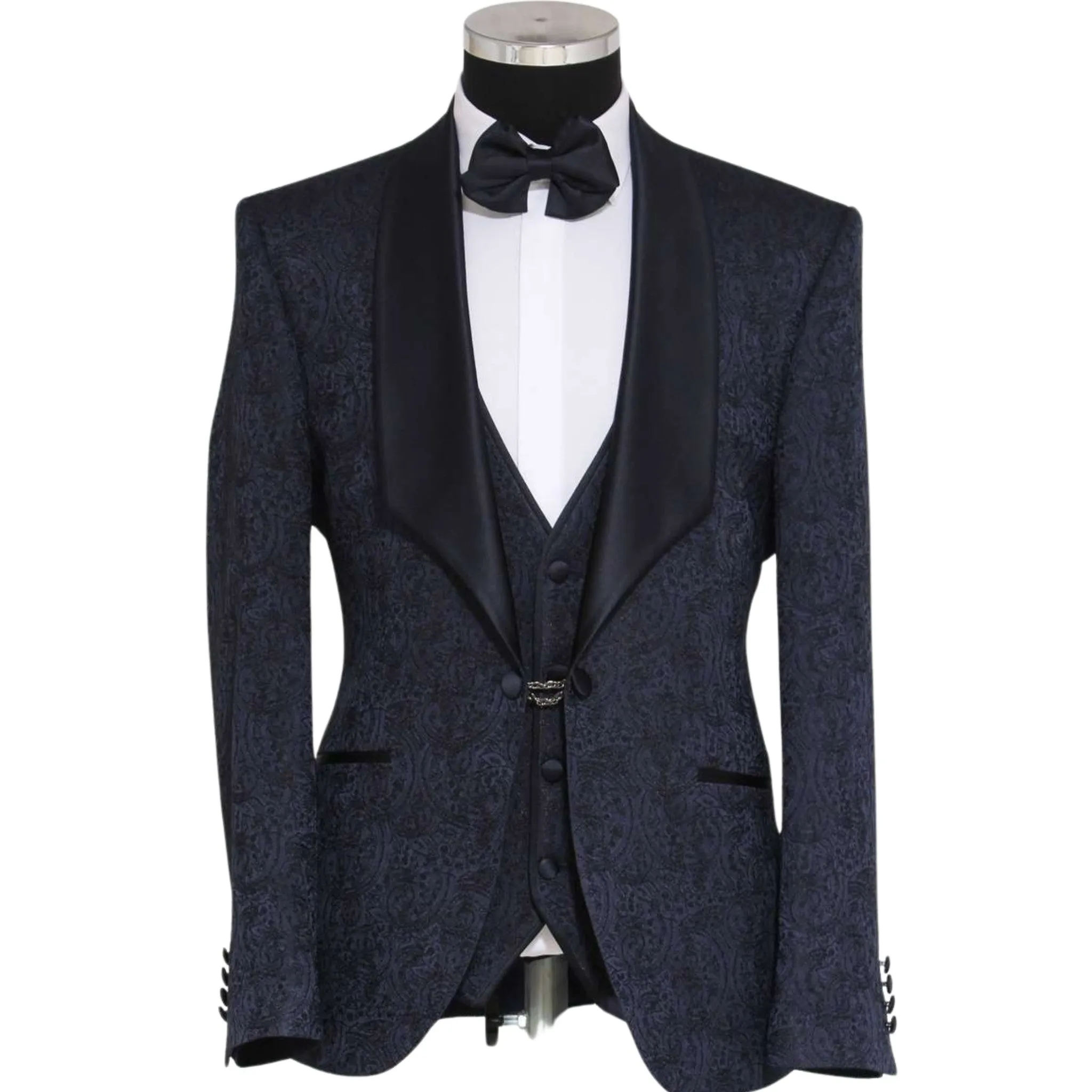 Elegant Navy Paisley Three-Piece Tuxedo with Satin Lapel - A Refined Choice for 2024 Prom and Wedding Seasons