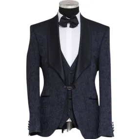 Elegant Navy Paisley Three-Piece Tuxedo with Satin Lapel - A Refined Choice for 2024 Prom and Wedding Seasons