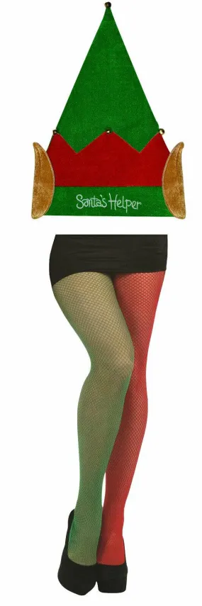 Elf Santa Helper Hat Red Green Fishnet Tights Christmas Xmas Party Fancy Dress