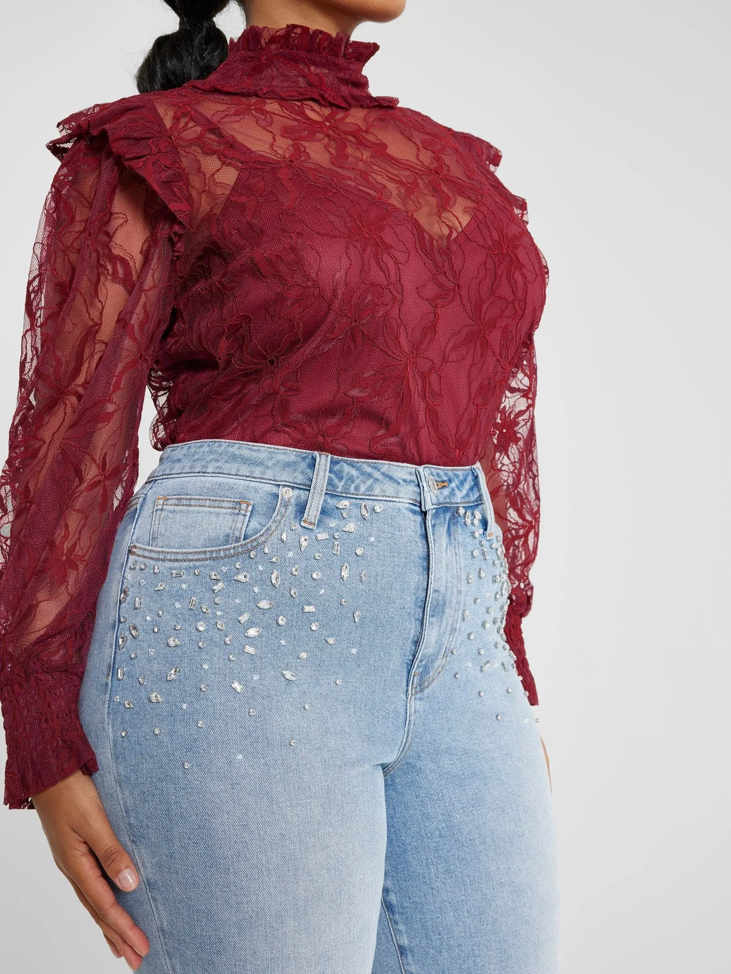 Fashion To Figure - High Rise Rhinestone Detail Straight Leg Jeans