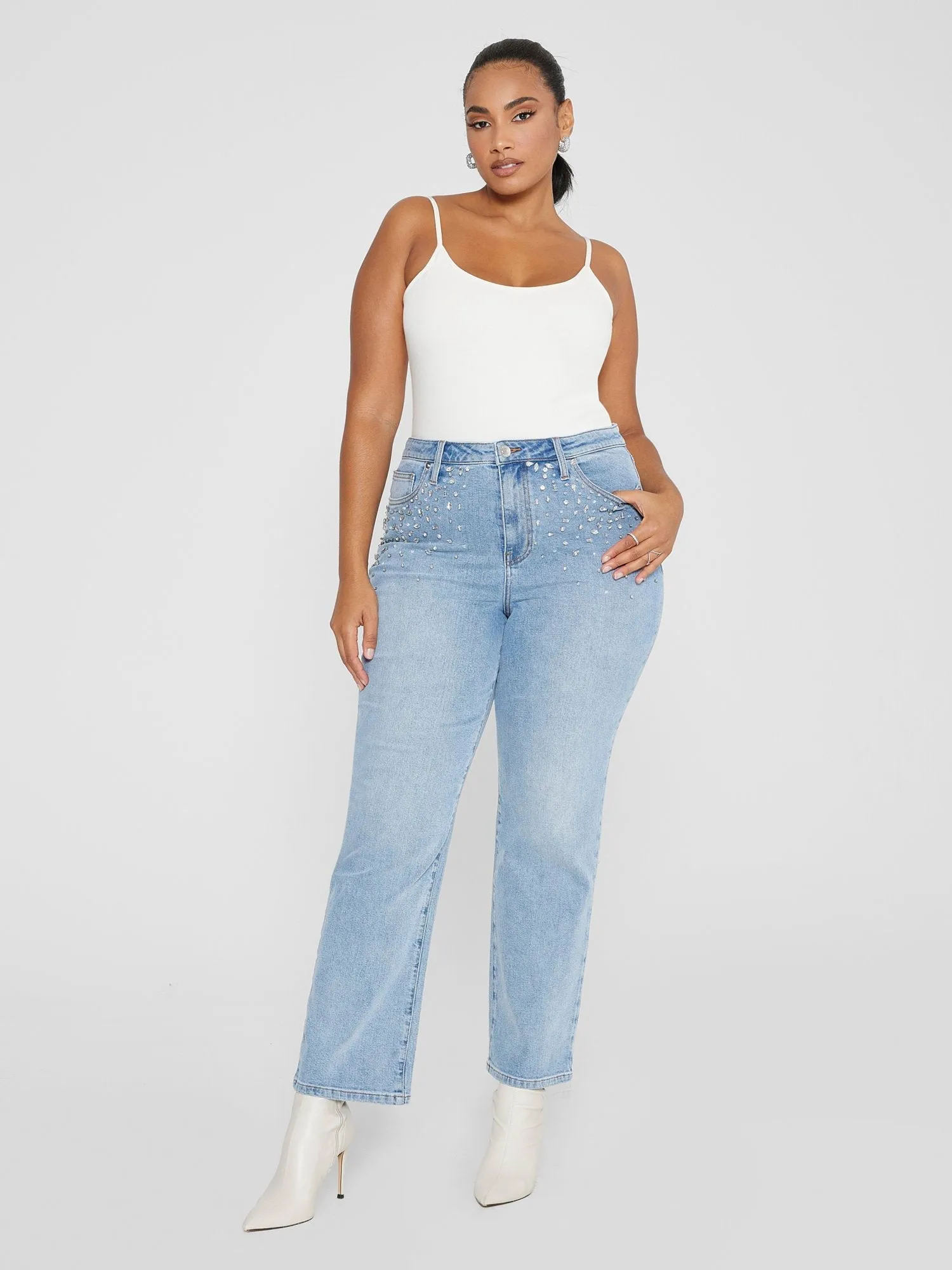 Fashion To Figure - High Rise Rhinestone Detail Straight Leg Jeans