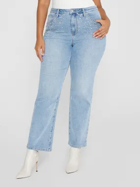 Fashion To Figure - High Rise Rhinestone Detail Straight Leg Jeans