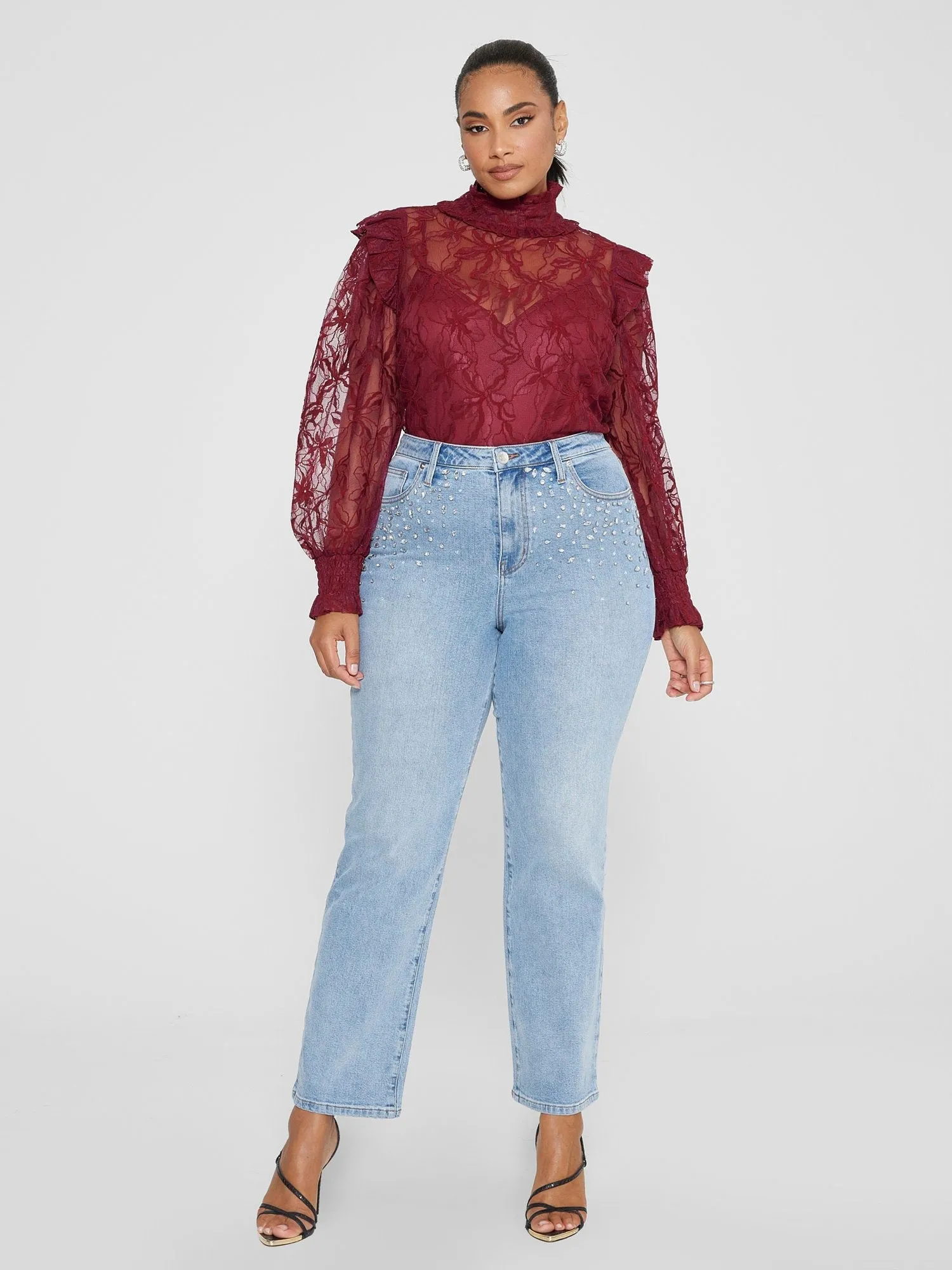 Fashion To Figure - High Rise Rhinestone Detail Straight Leg Jeans
