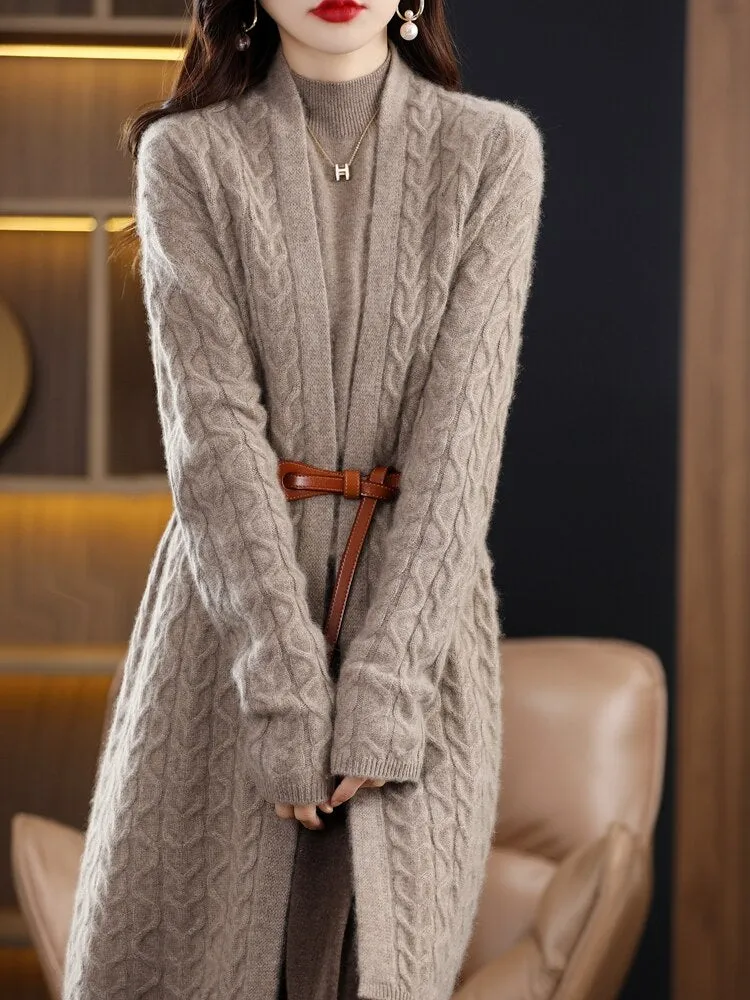 Fashionkova  2022 Autumn Winter New Cashmere Sweater Long Coat Loose Coat Wool Knit Cardigan Women's Plain Color Twist Sweater
