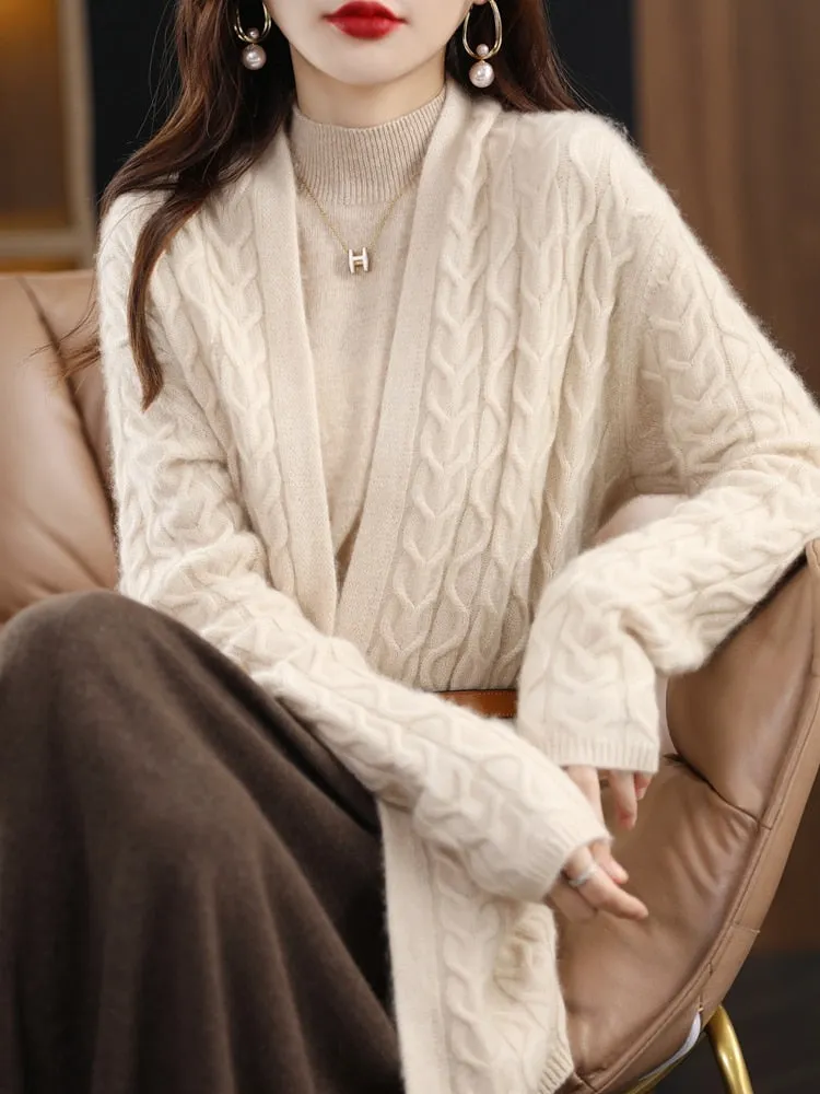 Fashionkova  2022 Autumn Winter New Cashmere Sweater Long Coat Loose Coat Wool Knit Cardigan Women's Plain Color Twist Sweater