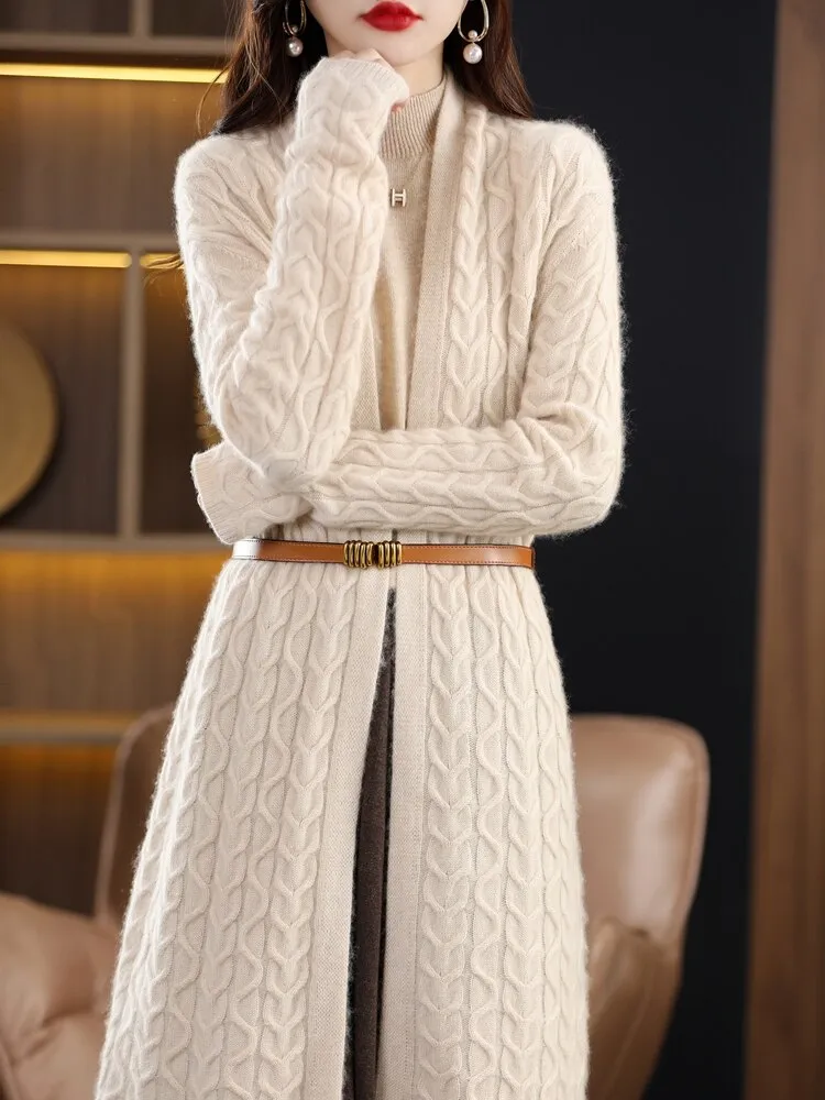 Fashionkova  2022 Autumn Winter New Cashmere Sweater Long Coat Loose Coat Wool Knit Cardigan Women's Plain Color Twist Sweater
