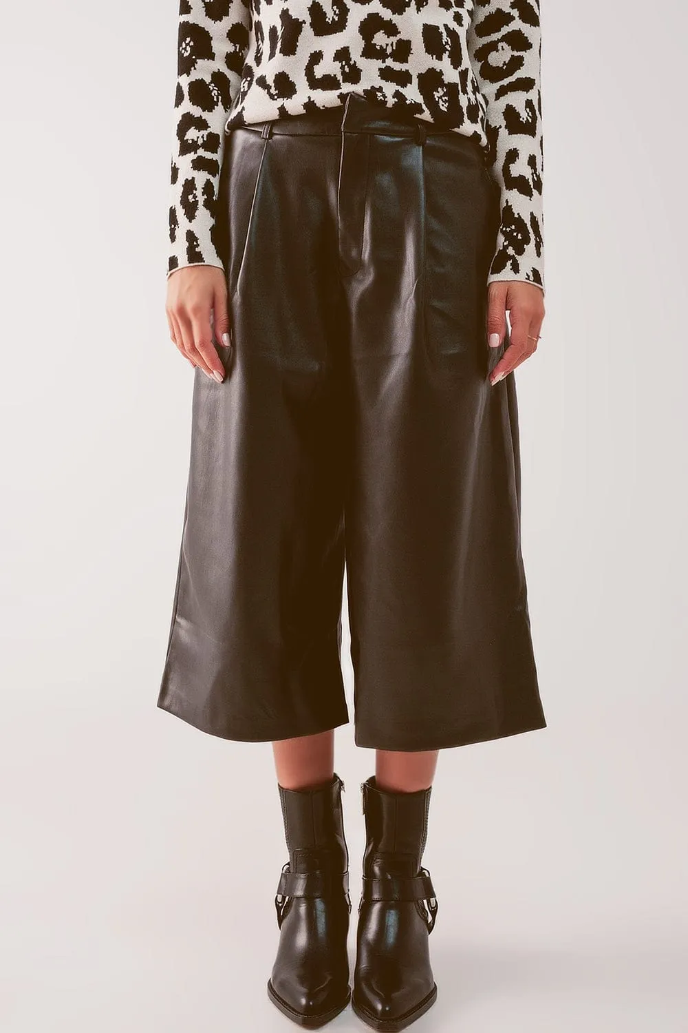 Faux Leather Wide Leg Culotte In Black