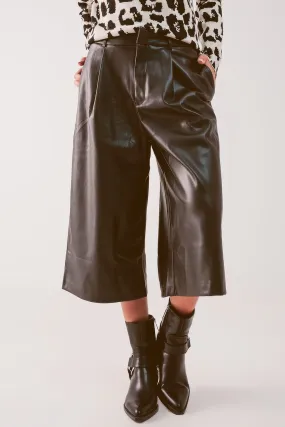 Faux Leather Wide Leg Culotte In Black