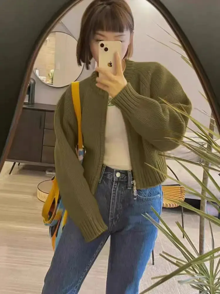 Flytonn-2024 autumn and winter new 100% wool round neck casual pull knit cardigan women's short coat