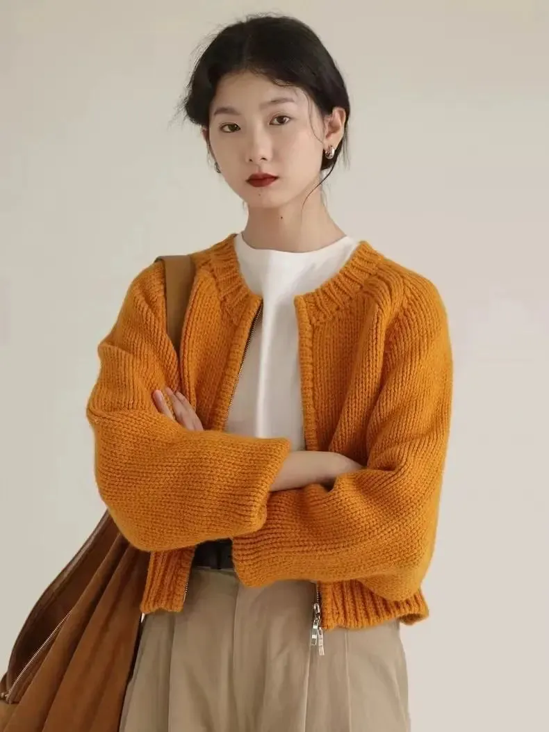 Flytonn-2024 autumn and winter new 100% wool round neck casual pull knit cardigan women's short coat