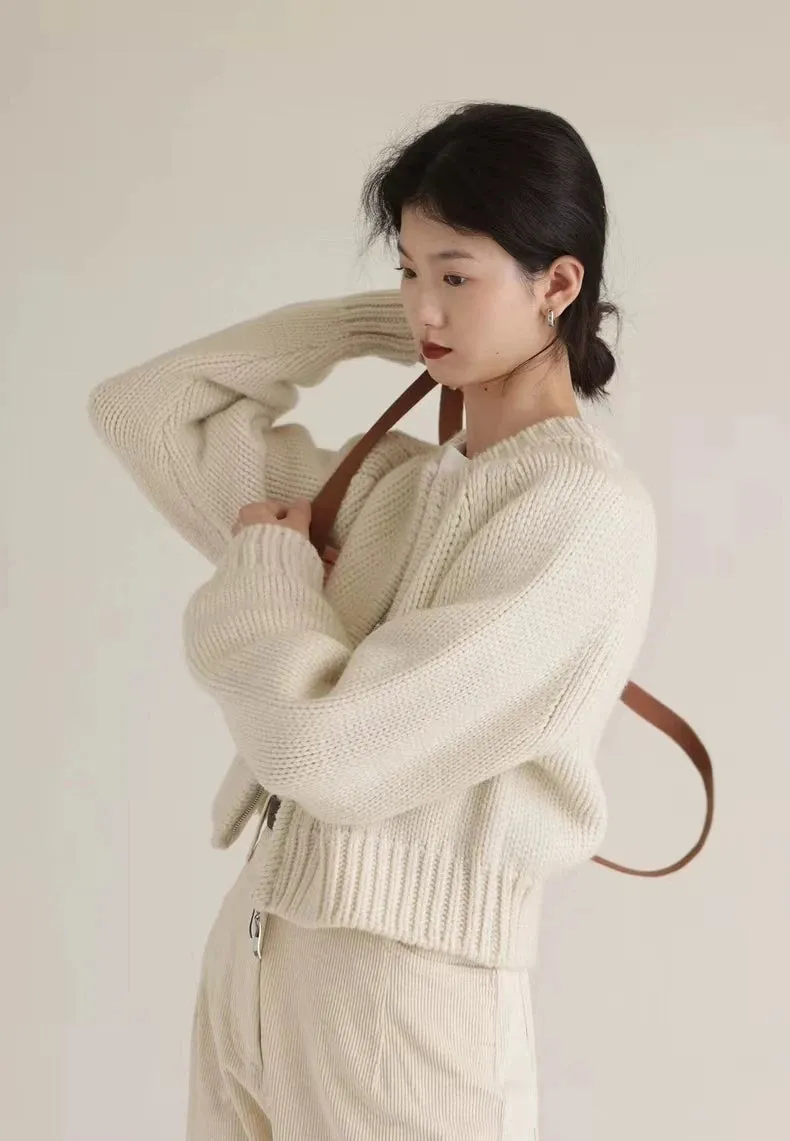Flytonn-2024 autumn and winter new 100% wool round neck casual pull knit cardigan women's short coat
