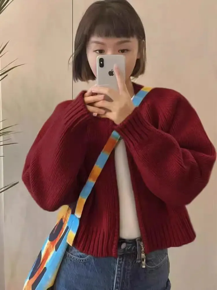 Flytonn-2024 autumn and winter new 100% wool round neck casual pull knit cardigan women's short coat