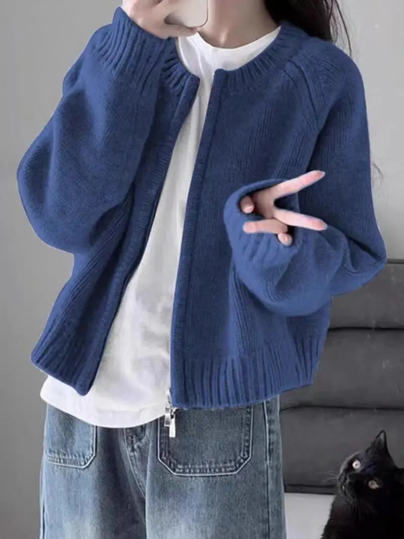 Flytonn-2024 autumn and winter new 100% wool round neck casual pull knit cardigan women's short coat