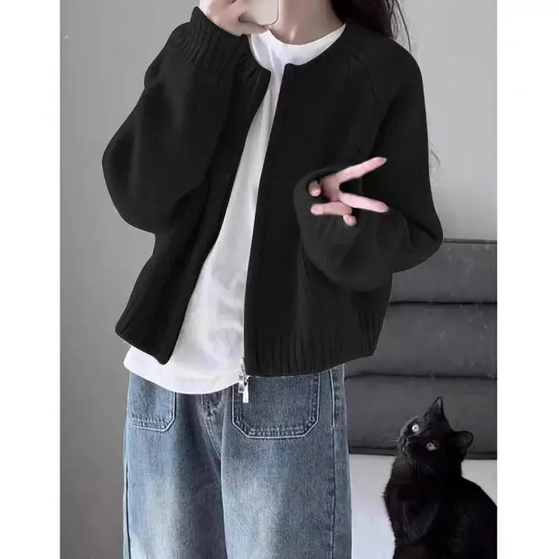 Flytonn-2024 autumn and winter new 100% wool round neck casual pull knit cardigan women's short coat