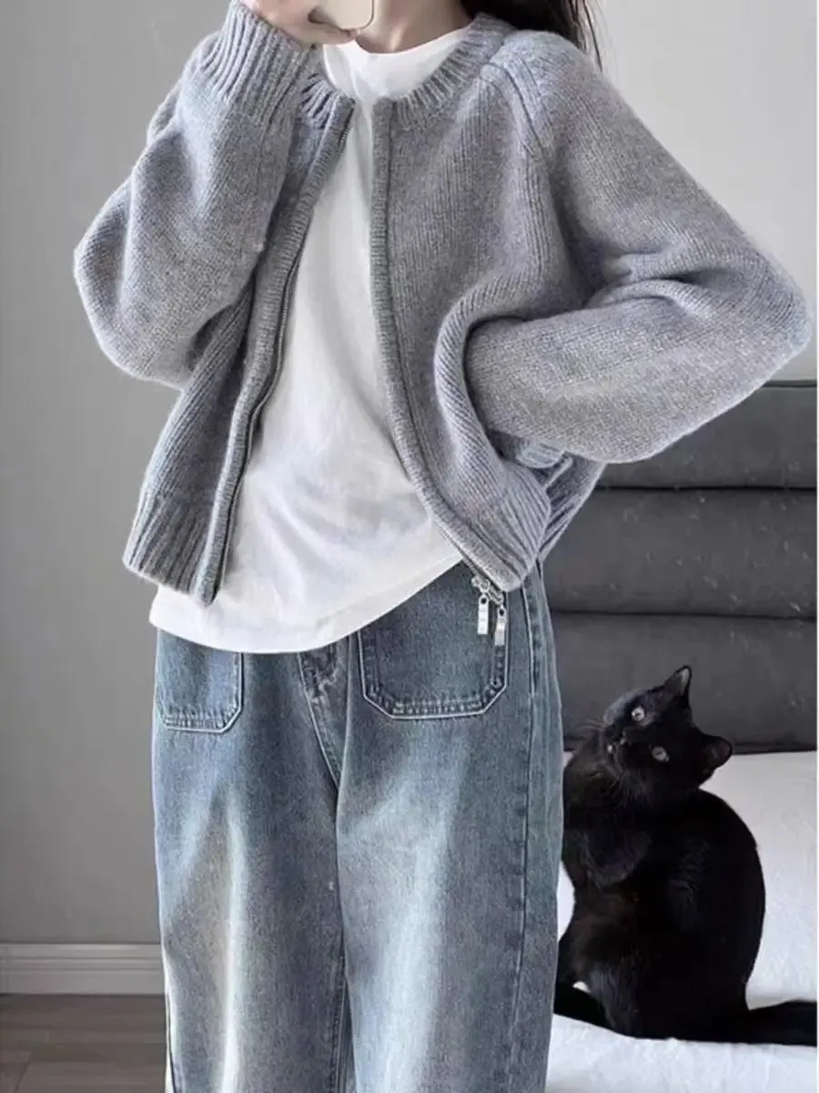 Flytonn-2024 autumn and winter new 100% wool round neck casual pull knit cardigan women's short coat