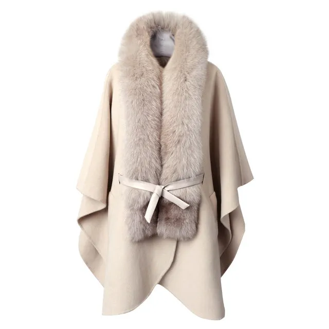 Fox Fur Collar Cloak Handmade 100% Double Woolen Coat