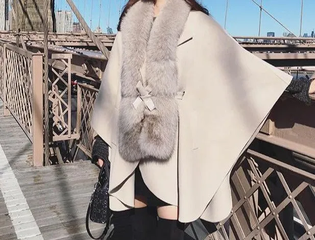 Fox Fur Collar Cloak Handmade 100% Double Woolen Coat