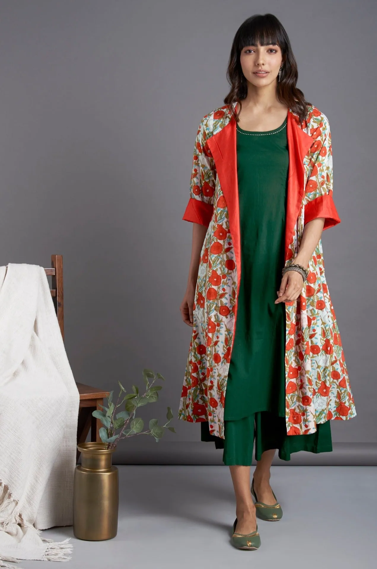 front lapel jacket - morning glory & tangerine blooms