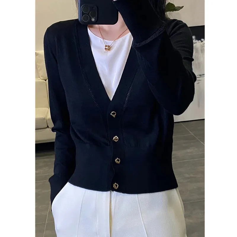 Hnzxzm Elegant Knitted Cashmere Cardigan Women's Sweater Thin Spring and Autumn V-neck Loose Thin Short Wool Coat