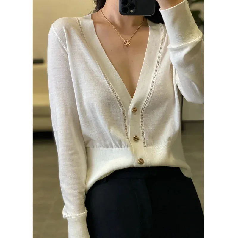 Hnzxzm Elegant Knitted Cashmere Cardigan Women's Sweater Thin Spring and Autumn V-neck Loose Thin Short Wool Coat