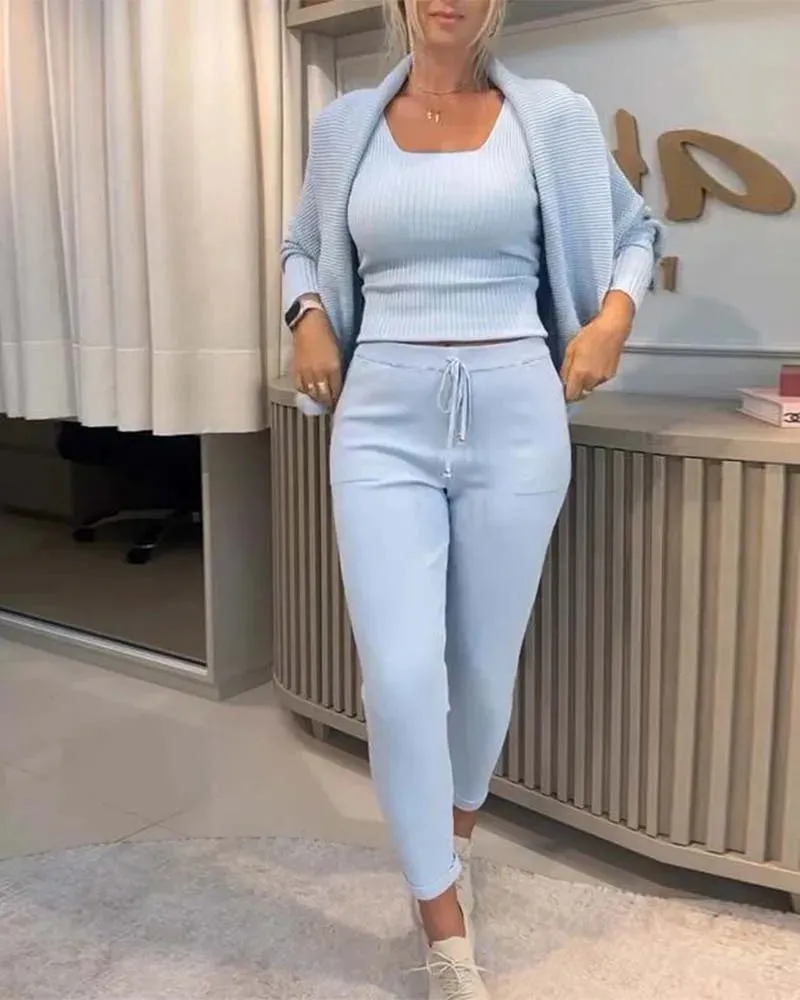 Joskaa Elegant Autumn/winter Women's Knitted 3-Piece Sexy Vest Drawstring Pants Paired with Bat Sleeves Cardigan Women's Matching Sets