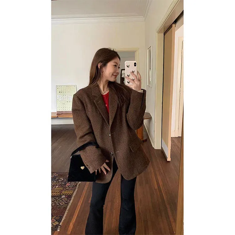 Joskaa frat boy outfits Im Xiang Paris Holiday Wool Variegated Single-Sided Woolen Suit Coat Women's Autumn and Winter Short Woolen Coat