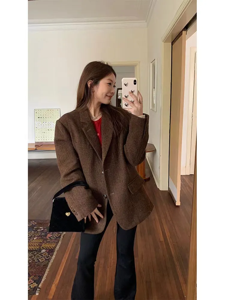 Joskaa frat boy outfits Im Xiang Paris Holiday Wool Variegated Single-Sided Woolen Suit Coat Women's Autumn and Winter Short Woolen Coat