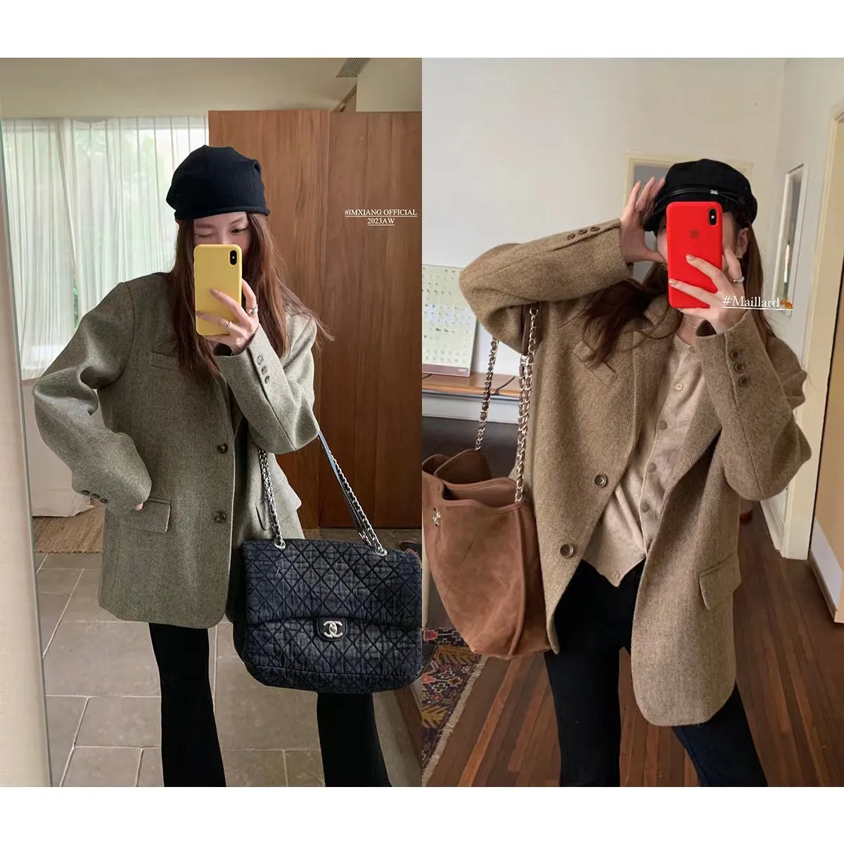Joskaa frat boy outfits Im Xiang Paris Holiday Wool Variegated Single-Sided Woolen Suit Coat Women's Autumn and Winter Short Woolen Coat