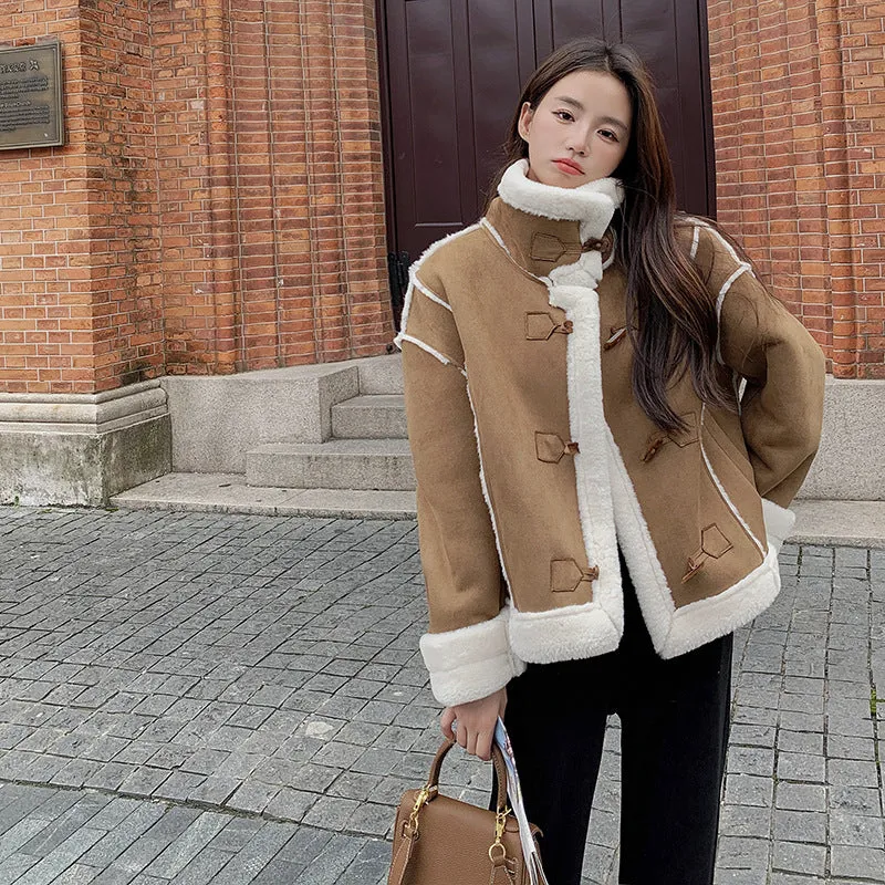 Joskaa winter fits men Brown Deerskin Fur Integrated Motorcycle Clothing Short Coat Women's Winter New Fleece-lined Thickened Lamb Wool Cotton-Padded Coat