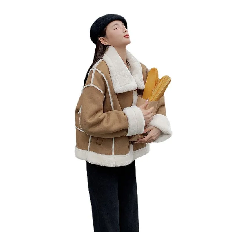 Joskaa winter fits men Brown Deerskin Fur Integrated Motorcycle Clothing Short Coat Women's Winter New Fleece-lined Thickened Lamb Wool Cotton-Padded Coat