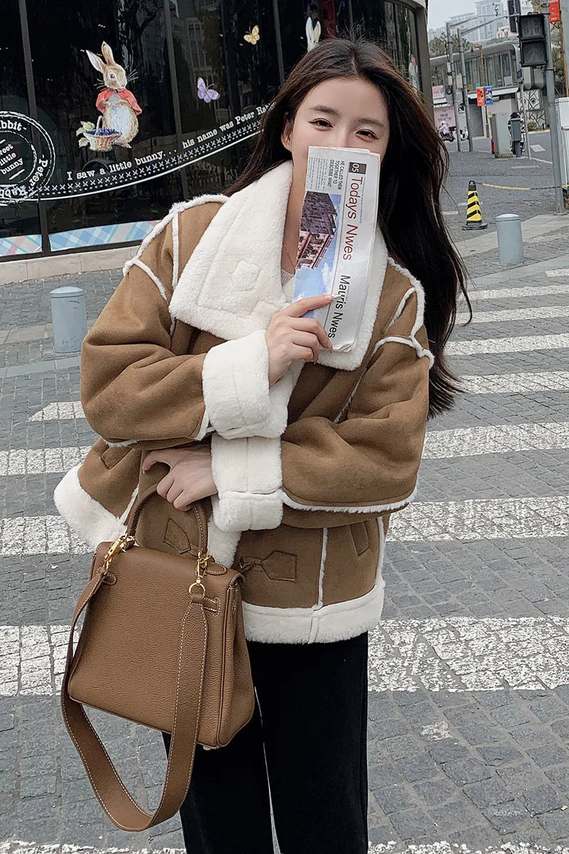 Joskaa winter fits men Brown Deerskin Fur Integrated Motorcycle Clothing Short Coat Women's Winter New Fleece-lined Thickened Lamb Wool Cotton-Padded Coat