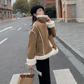 Joskaa winter fits men Brown Deerskin Fur Integrated Motorcycle Clothing Short Coat Women's Winter New Fleece-lined Thickened Lamb Wool Cotton-Padded Coat
