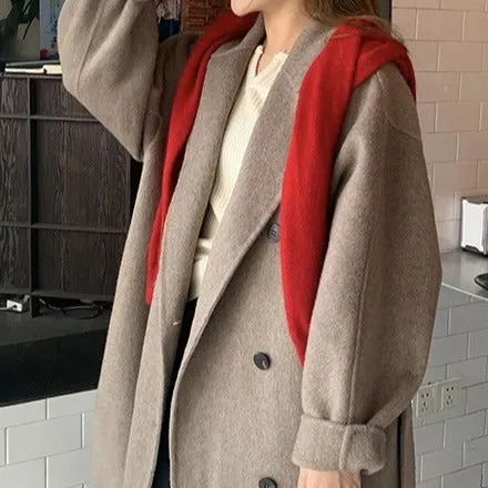 Joskaa winter fits men Fcy Maillard Camel Double-Sided Wool Coat Autumn and Winter Vintage Belt Bathrobe Korean Style Loose Wool Coat