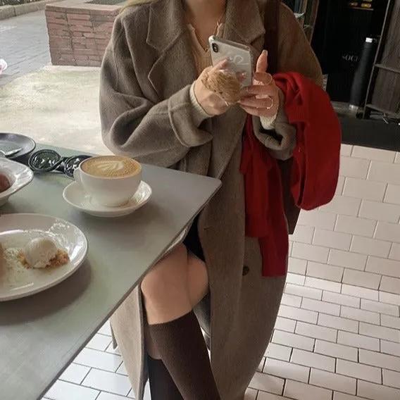 Joskaa winter fits men Fcy Maillard Camel Double-Sided Wool Coat Autumn and Winter Vintage Belt Bathrobe Korean Style Loose Wool Coat